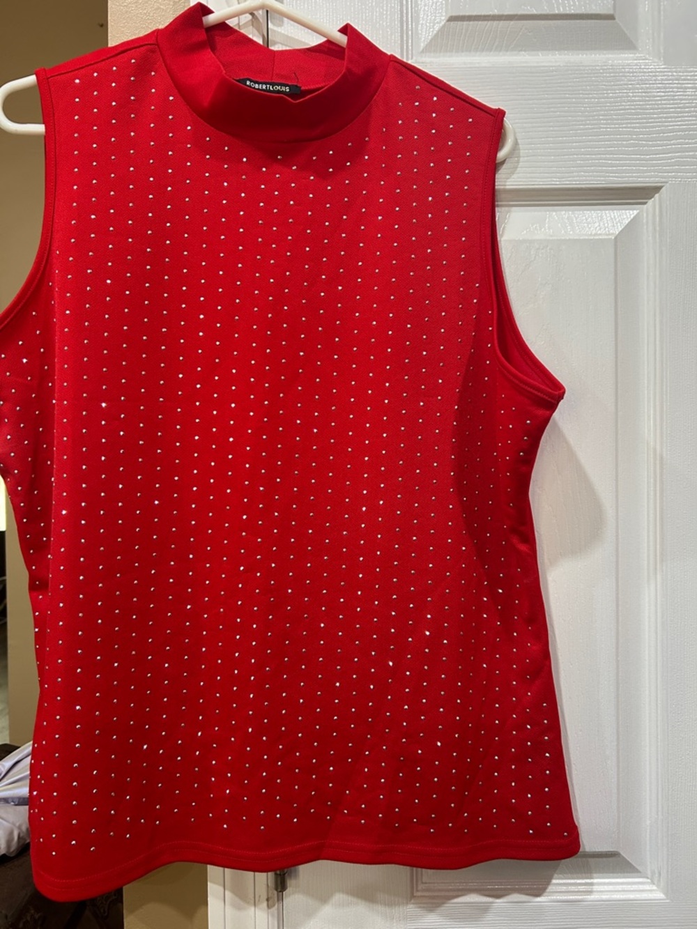 Robert Louis Red Sleeveless Mock Neck Top with Silver Studs
